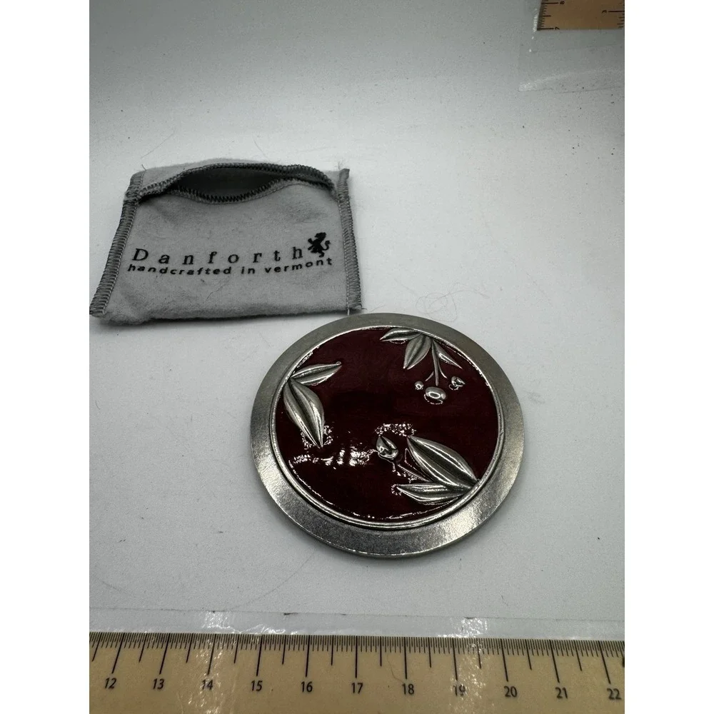 Danford Pewter Red Enamel Purse Mirror With Case - Shakespeare Quote - HC In VT